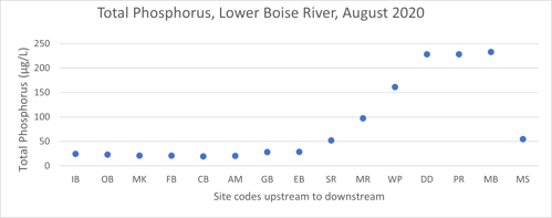 Phosphorous measurements at various sites on the Boise River August 2020 show low parts per liter until the 9th test site going downstream, where it begins to continually rise for the remaining 6 sites, with a sharp drop at the final site.