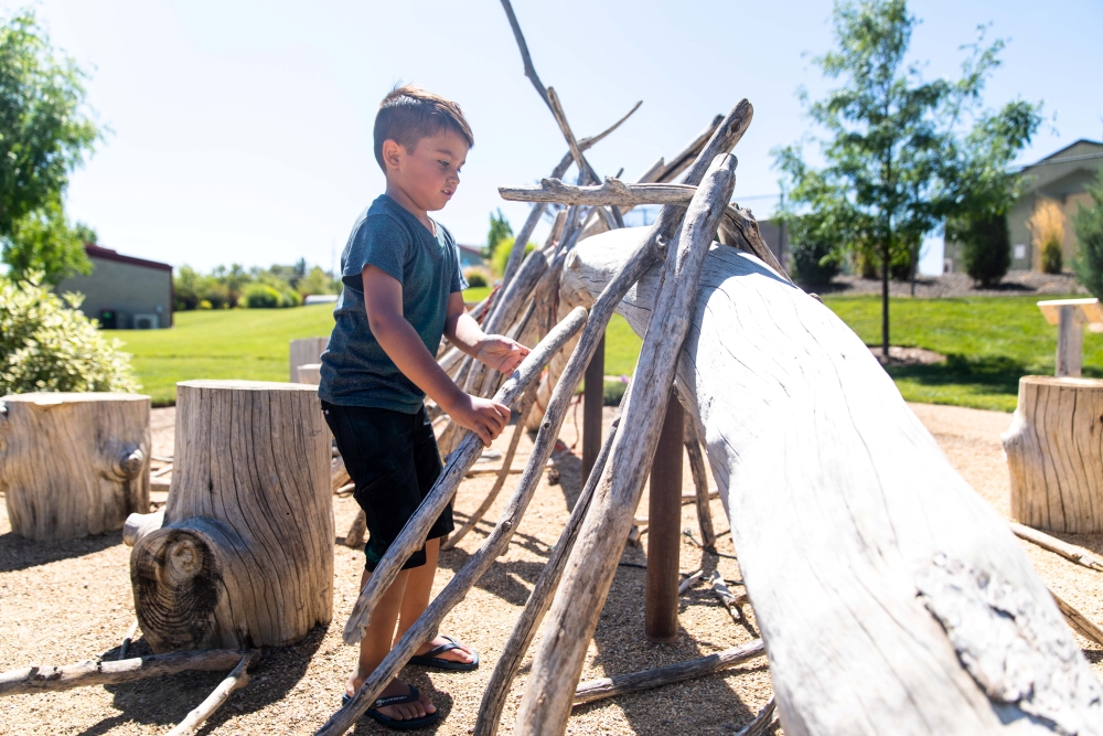 A child carefully arranges sticks into a shelter by leaning them against a large branch in an outdoor play area with other sticks and log segments available for use.